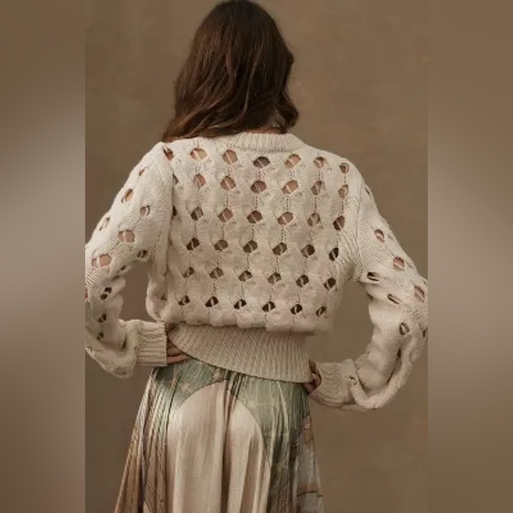 Stella Nova Open Stitch Sweater Anthropologie Wool Blend Cream Oat Size M - Picture 4 of 11